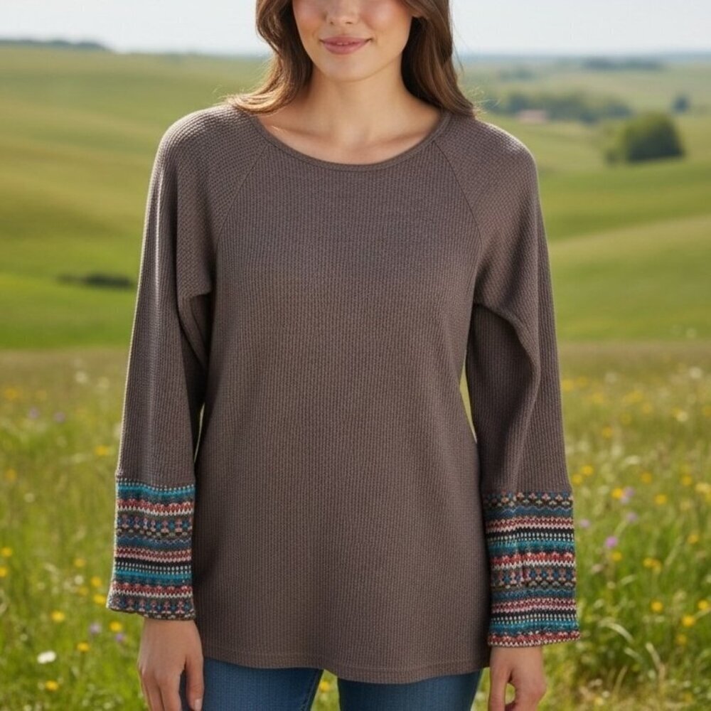 Earthbound Trading Co Brown Thermal Top Boho Fair Isle Knit Cuff Size Large